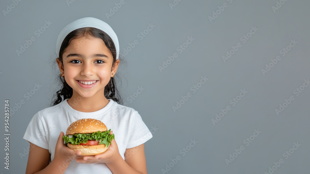 Arabian little girl smile holding hamburger fast food for student lunch Arabian little girl smile holding hamburger fast food for student lunch
