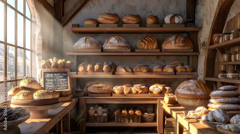 A warm bakery scene with 3D-rendered organic bread and pastries displayed on vintage wooden shelves