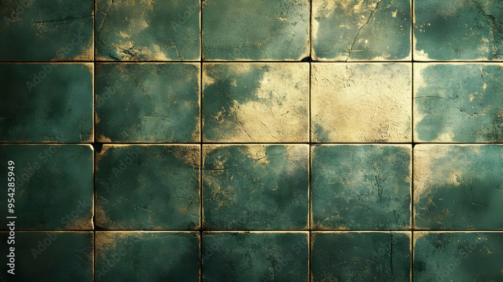 Naklejka premium Green and Gold Tiled Wall Texture Background
