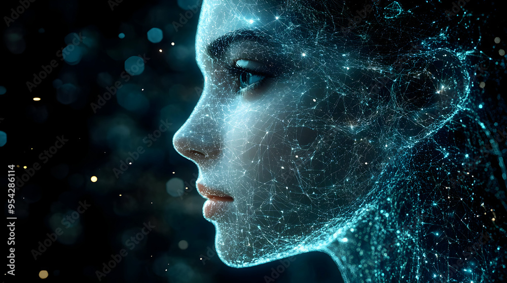 Futuristic Digital Woman Face with Glowing Lines and Network Futuristic Digital Woman Face with Glowing Lines and Network
