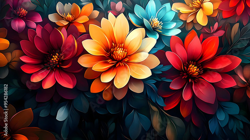 Vibrant, colorful flowers with dark foliage create a visually stunning composition. photo