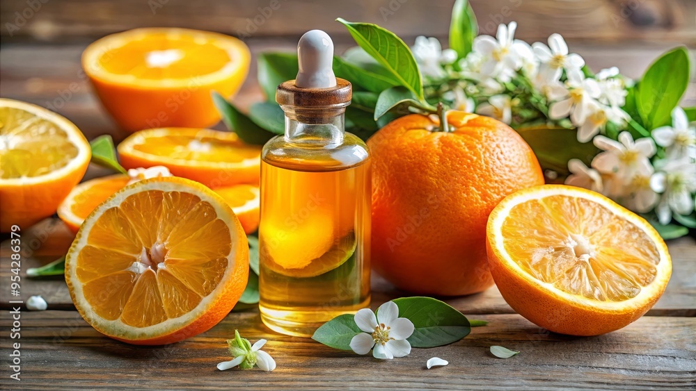 Organic orange essential oil next to fresh oranges and blossom, representing natural purity and invigoration Organic orange essential oil next to fresh oranges and blossom, representing natural purity and invigoration