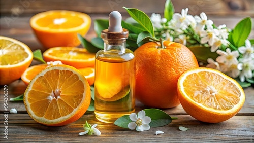 Organic orange essential oil next to fresh oranges and blossom, representing natural purity and invigoration photo