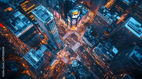 Aerial View of City Skyline with Illuminated Buildings and Traffic