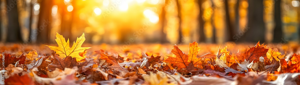 Golden Autumn Leaves in Forest with Sun Flare Golden Autumn Leaves in Forest with Sun Flare