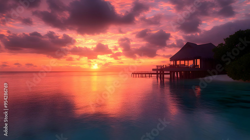 Water villa with sunset ove...