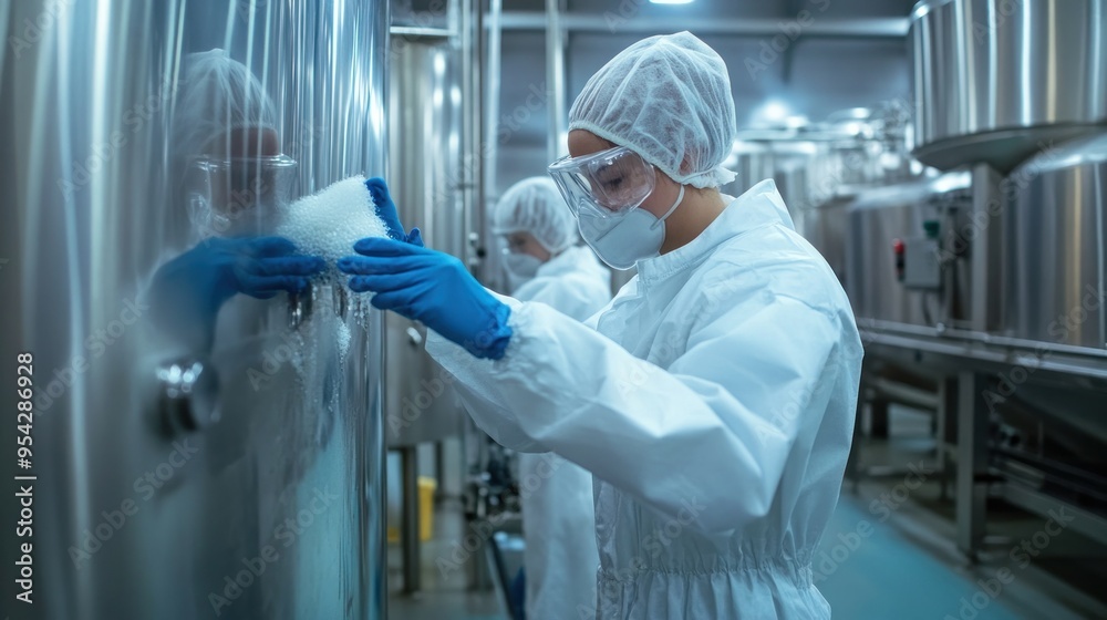 Worker in Protective Gear Inspecting a Large Tank Worker in Protective Gear Inspecting a Large Tank