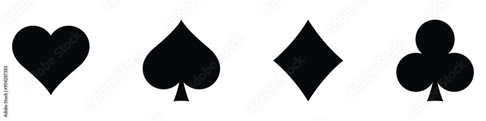 Suit deck of playing cards symbol icon. Hearts diamonds clubs spades sign chips. Black silhouette. Poker game. Vector illustration Suit deck of playing cards symbol icon. Hearts diamonds clubs spades sign chips. Black silhouette. Poker game. Vector illustration