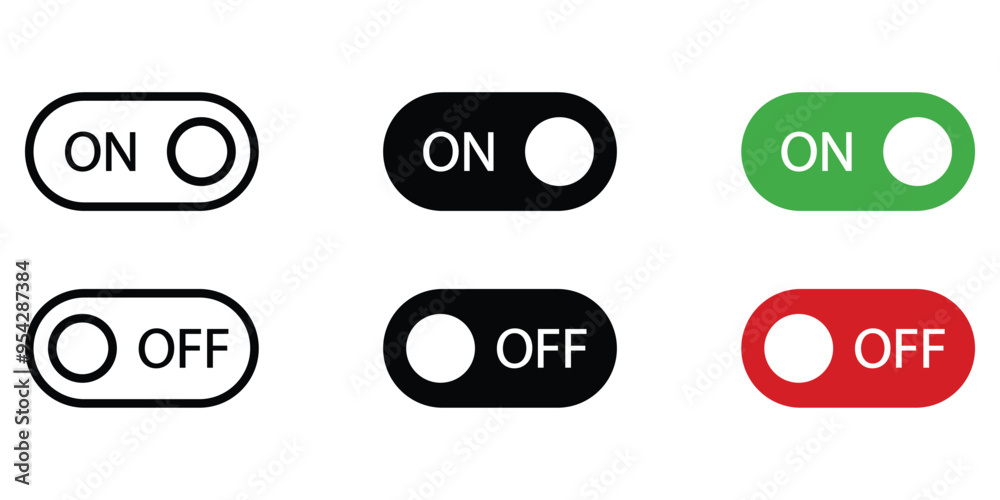On off switch buttons icon set. Power toggle vector buttons for web and app UI designs. Slider or toggle. Black, white, green, red On off switch buttons icon set. Power toggle vector buttons for web and app UI designs. Slider or toggle. Black, white, green, red