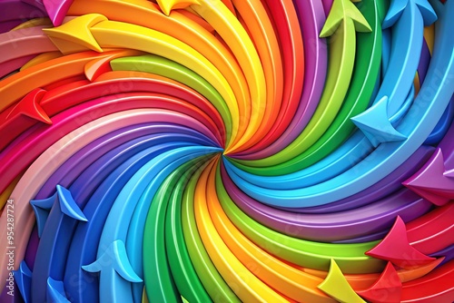 A set of vibrant, curved arrows in various colors converging and diverging in a dynamic, swirling pattern, suggesting movement, connection, and creative flow. photo