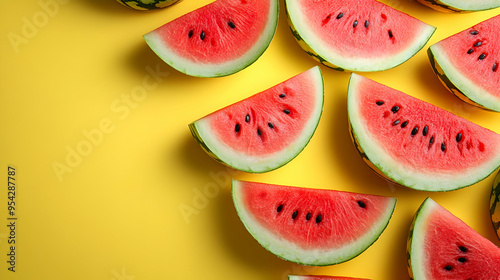 Watermelon slices on yellow background. photo