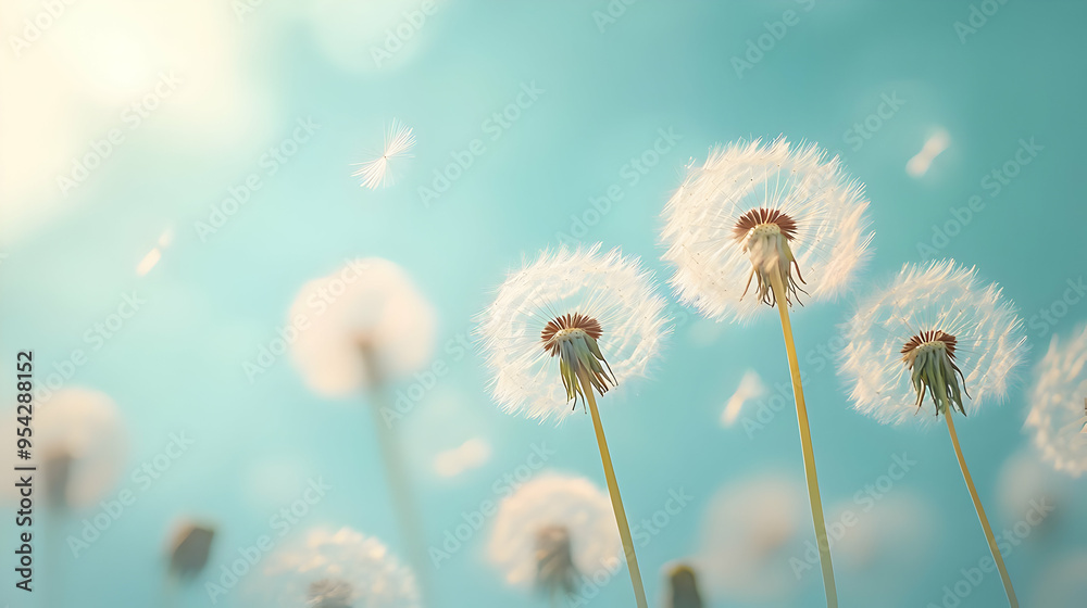White dandelions with seeds blowing in the wind, blue sky background. White dandelions with seeds blowing in the wind, blue sky background.