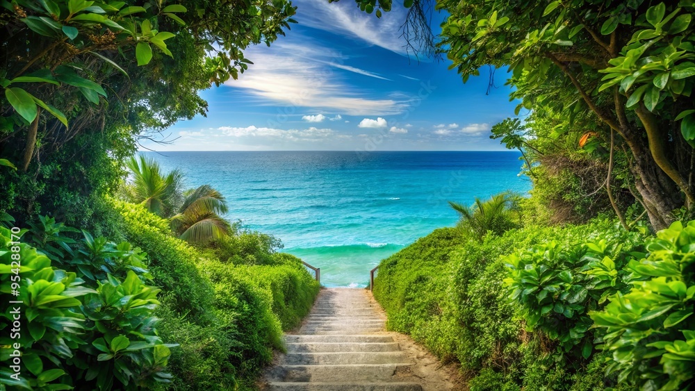 Tranquil pathway through lush greenery to the blue ocean, symbolizing serenity and adventure Tranquil pathway through lush greenery to the blue ocean, symbolizing serenity and adventure