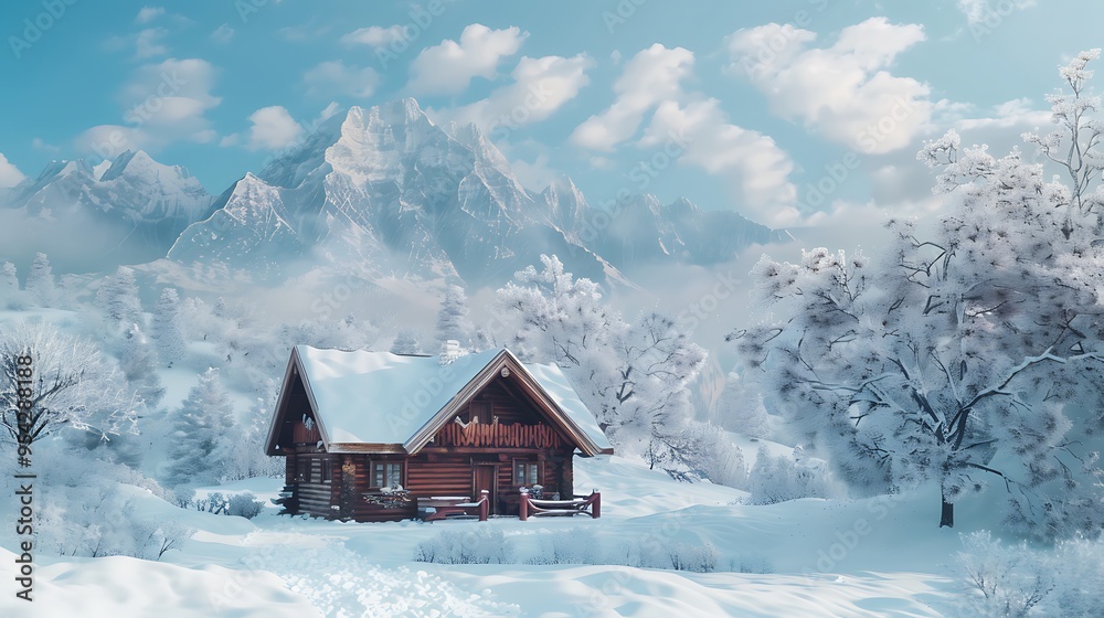 Fantastic winter landscape with wooden house .