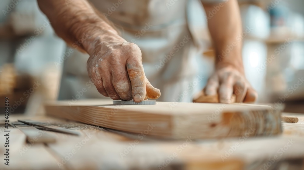 A carpenter measures and cuts lumber with precision on a workbench. A carpenter measures and cuts lumber with precision on a workbench.