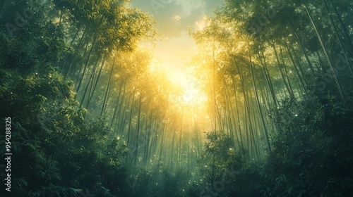 Sunlit Bamboo Forest with Mist and Light Filtering Through the Canopies