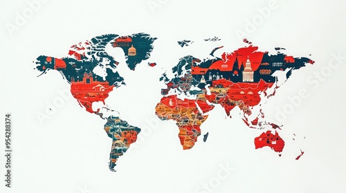 A colorful world map showcasing various landmarks, perfect for travel, education, and inspiration.