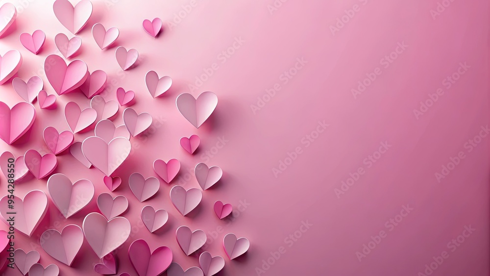 Fototapeta premium Romantic background with pink paper hearts of various sizes arranged in a cascade on a soft pink backdrop