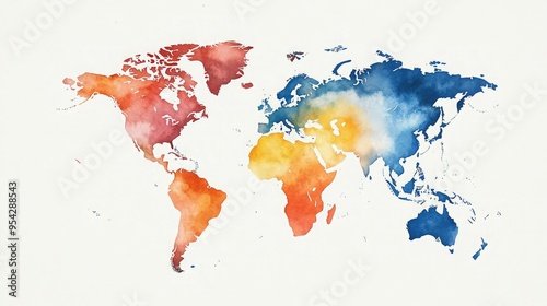 Beautiful watercolor world map illustration, showcasing vibrant colors and artistic detail, perfect for home or office decor. photo