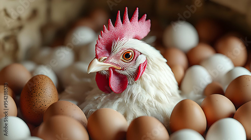 White hen nestled among bro...