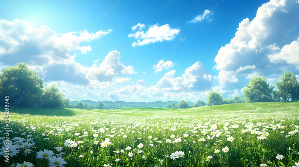 Fototapeta premium Sunny Meadow with White Daisies and Blue Sky