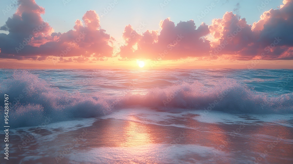 Pink Sunset Over Ocean Waves Pink Sunset Over Ocean Waves