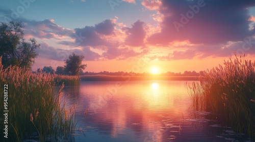 Golden Sunset Over Still Lake with Reeds