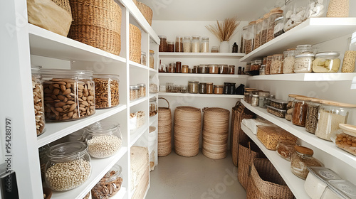 White pantry shelves filled...