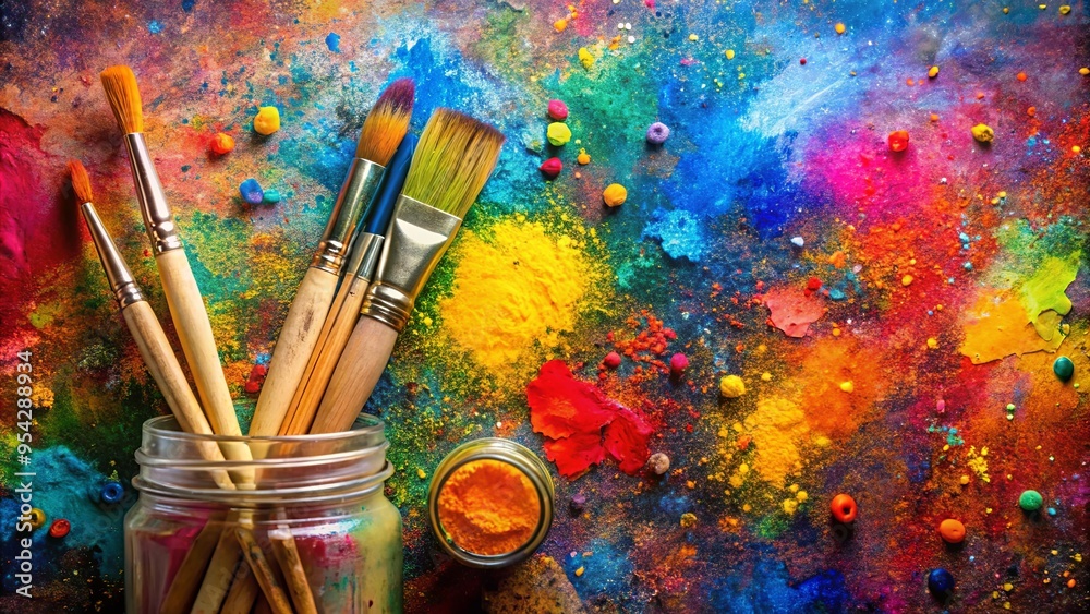 Fototapeta premium A vibrant artistic palette splattered with paint, adorned with a jar of paintbrushes perfect for representing creativity, passion, and expression