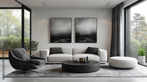 A modern living room with a white sofa, two black armchairs, a coffee table, and a rug, with large windows and two abstract paintings on the wall.