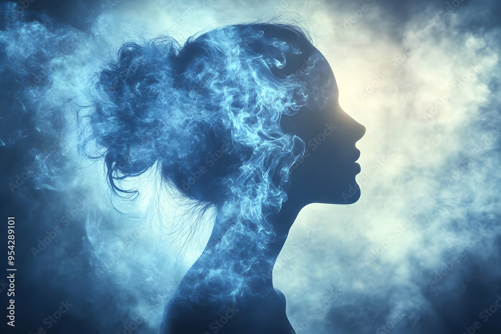 Woman Silhouette With Blue Smoke Effect Woman Silhouette With Blue Smoke Effect