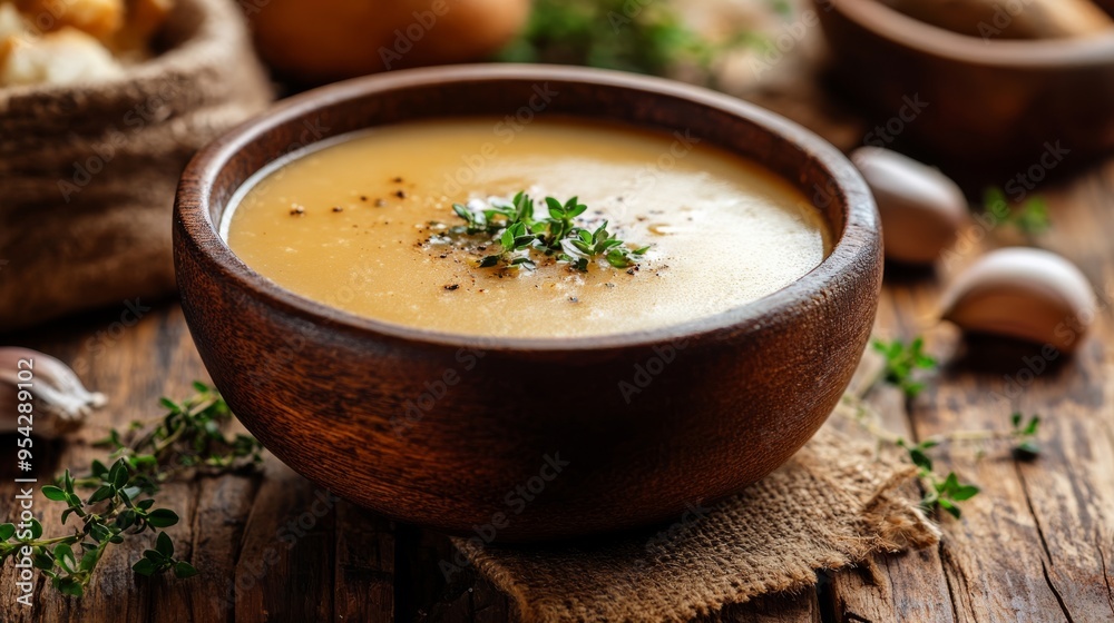 Bowl of warm soup on wooden table, surrounded by comforting, homely elements in the morning. Bowl of warm soup on wooden table, surrounded by comforting, homely elements in the morning.