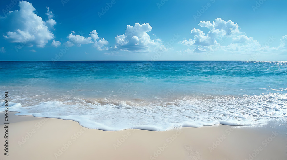 White sand beach with turquoise blue water and white foamy waves against a blue sky. White sand beach with turquoise blue water and white foamy waves against a blue sky.
