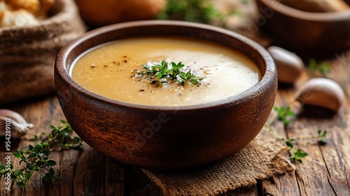 Bowl of warm soup on wooden table, surrounded by comforting, homely elements in the morning.