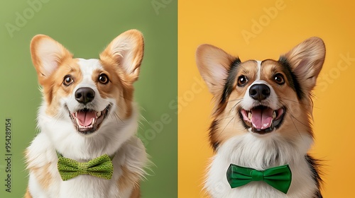 Before And After Split Screen Of Smiling Shaggy Corgi With Bow Tie