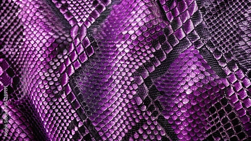 Close up of purple and black snake skin pattern on fabric material