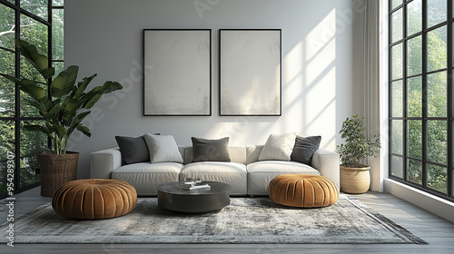 A modern living room with a white sofa, two orange ottomans, and a large rug. Two empty frames hang on the wall and sunlight streams in from large windows.