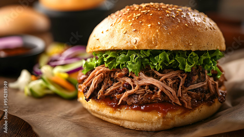 Delicious Pulled Pork Sandwich with Sesame Seed Bun Lettuce and BBQ Sauce