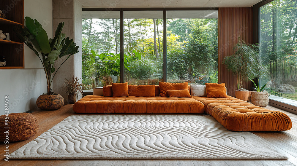 A modern living room with an orange sectional sofa, a white patterned rug, and large windows overlooking a lush green garden. A modern living room with an orange sectional sofa, a white patterned rug, and large windows overlooking a lush green garden.