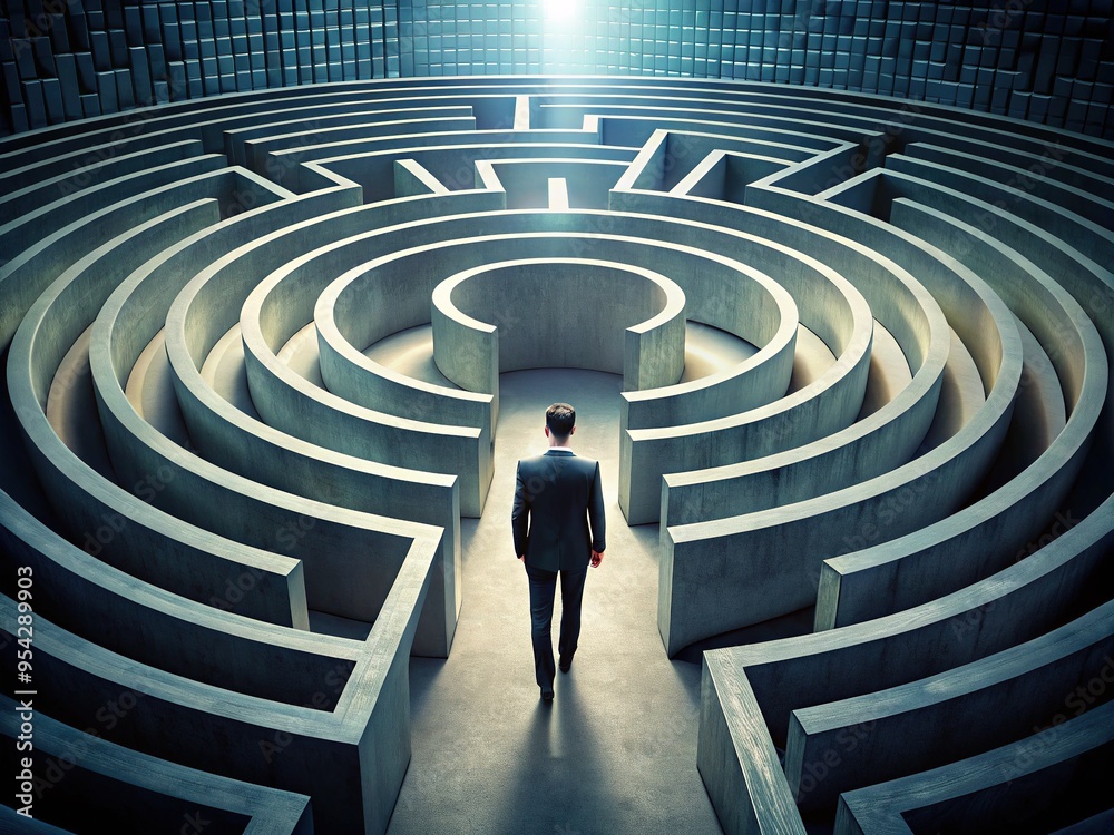 A solitary figure stands at the center of a complex labyrinth, surrounded by towering walls and twisting pathways, symbolizing confusion and disorientation. A solitary figure stands at the center of a complex labyrinth, surrounded by towering walls and twisting pathways, symbolizing confusion and disorientation.