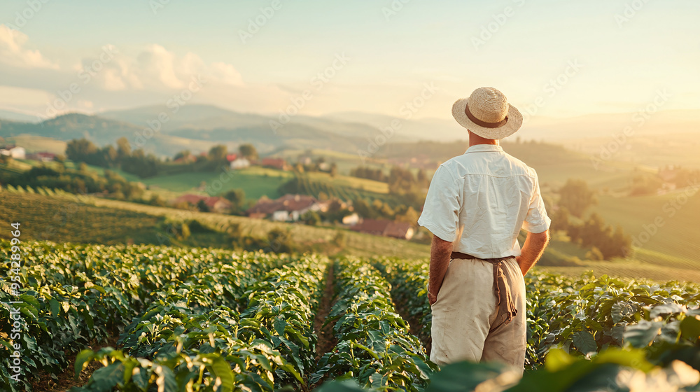 A farmer admires the sunset over rolling hills and fields, embodying the tranquility of rural life and the beauty of nature. A farmer admires the sunset over rolling hills and fields, embodying the tranquility of rural life and the beauty of nature.
