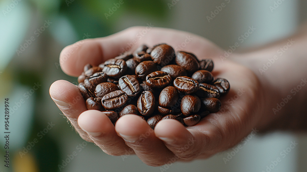 A hand holding a generous amount of fresh coffee beans, showcasing their rich texture and color, ideal for coffee lovers and culinary arts. A hand holding a generous amount of fresh coffee beans, showcasing their rich texture and color, ideal for coffee lovers and culinary arts.
