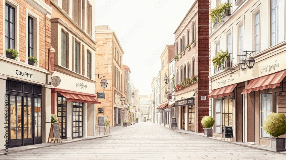 Fototapeta premium Charming street lined with cafes and boutique shops, showcasing elegant architecture and inviting outdoor seating.