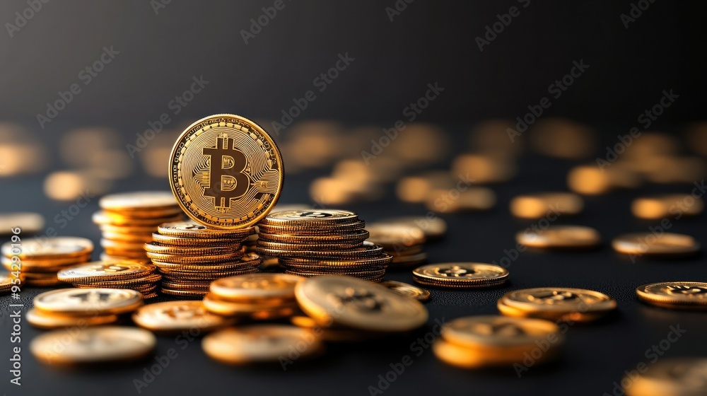 Close-up of shiny Bitcoin coins stacked on a dark background, representing digital currency and investment opportunities. Close-up of shiny Bitcoin coins stacked on a dark background, representing digital currency and investment opportunities.