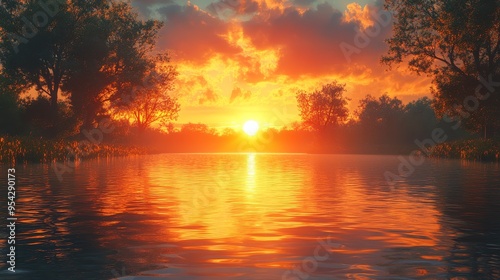 Sunset Reflection on Calm River with Trees Silhouette