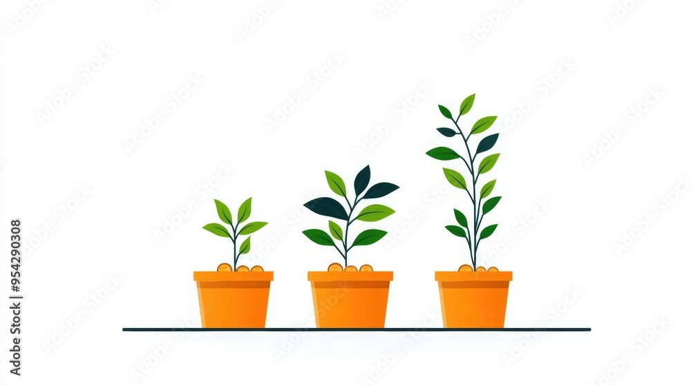 Obraz premium Illustration of three potted plants showcasing growth stages in vibrant orange pots, perfect for gardening themes and nature concepts.