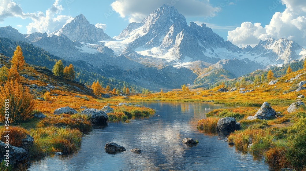 Obraz premium Mountain Lake with Snow capped Peaks and Autumn Foliage