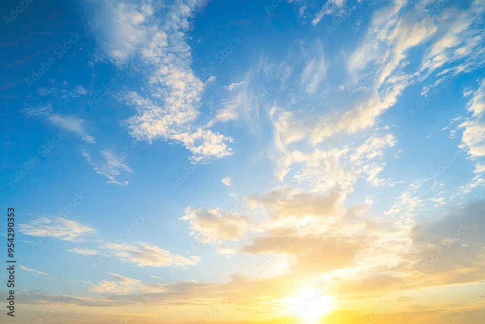Fototapeta premium Beautiful view of blue sky with clouds at sunrise. Partly cloudy.Background cloud summer. Cloud summer. Sky cloud clear with sunset. Natural sky cinematic beautiful yellow and white texture , ai