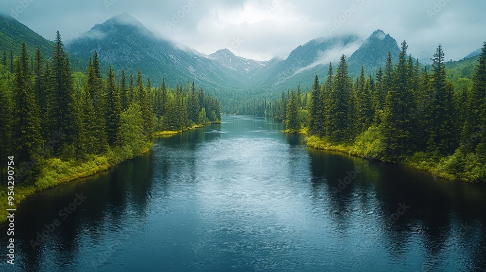 Majestic Mountain River Landscape with Evergreen Trees and Fog Majestic Mountain River Landscape with Evergreen Trees and Fog