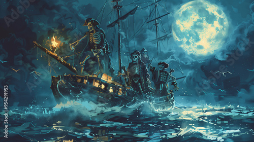 Ghostly pirate crew wading through moonlit waters towards their ship